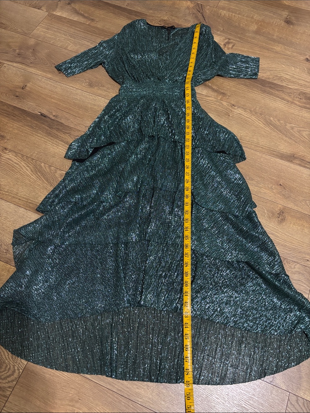 Maje Ruffine Stretch Lurex Metallic Green Ruffle Midi Dress Size 42 - Picture 11 of 14